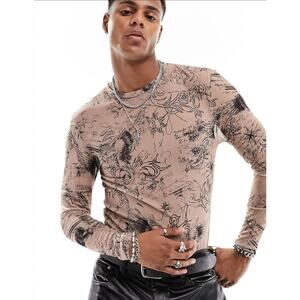 ASOS Men's Medium Grunge Y2K Vibe Sheer Pink Tattoo Print Muscle Tee Rocker Punk